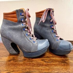 Fluevog Prepare Hi Summit in Blue and Brown Leather 7.5